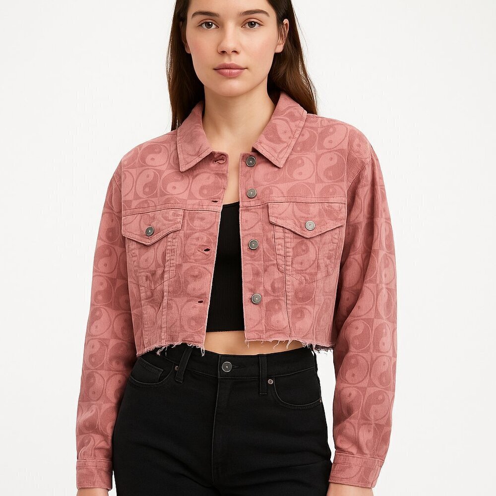 PacSun Cropped Corduroy Yin Yang Jacket Raw Hem Y2K Indie Sleaze Pink M/L